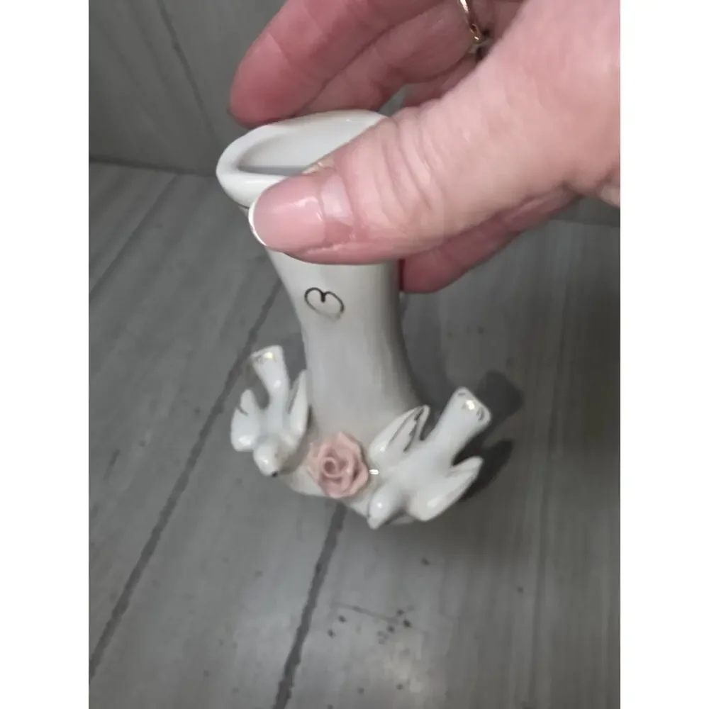 Vintage Doves & Rose Small Heart Bud Vase Miniature Cottagecore Coquette